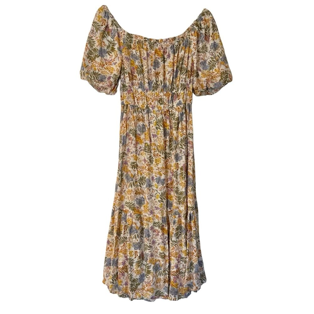 Japna Floral Midi Dress in Cream, Mustard & Blue
